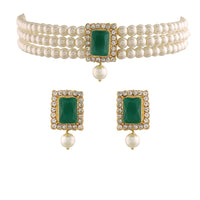 Etnico 18K Gold Plated Traditional Handcrafted Stone Studded Pearl Choker Necklace Jewellery Set with Earrings For Women (ML237G)