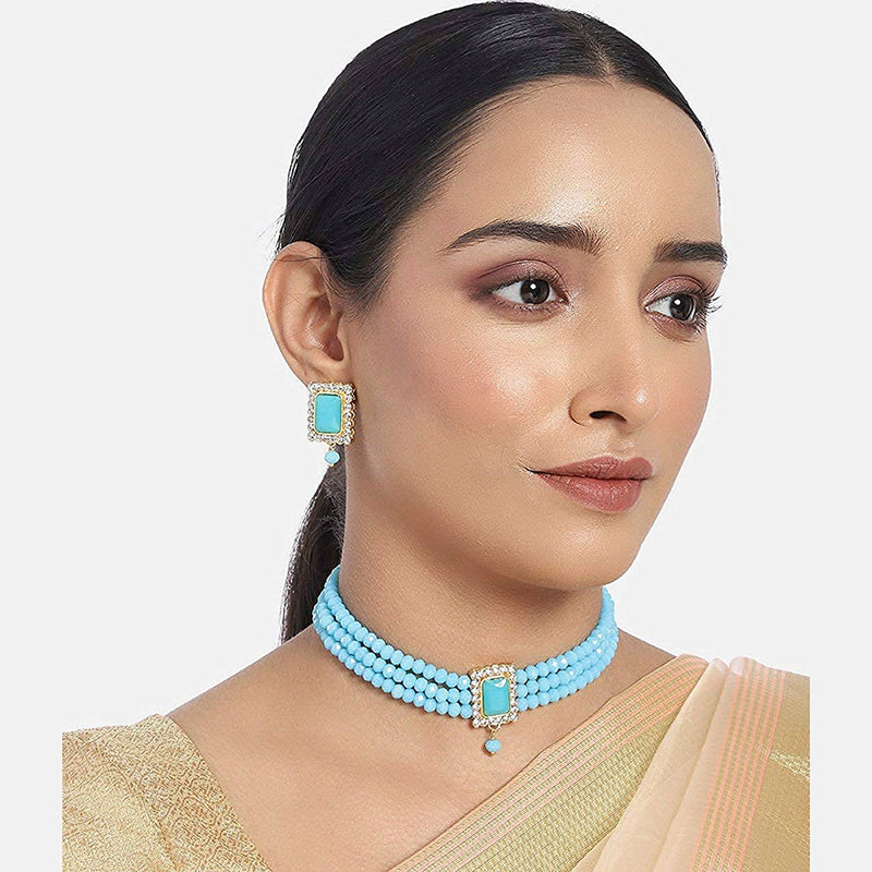 Etnico 18K Gold Plated Traditional Handcrafted Turquoise Crystal Stone Beaded Choker Necklace Jewellery Set With Earrings For Women/Girls (ML237Sb)