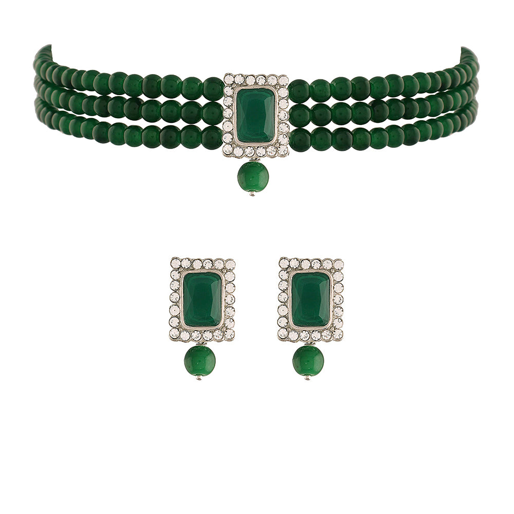 Etnico 18K Rhodium Plated Stone Studded Pearl Choker Necklace Jewellery Set With Earrings For Women (ML237ZG)