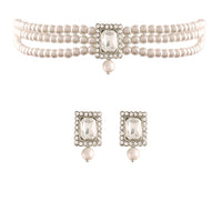 Etnico 18K Rhodium Plated Stone & Pearl Beaded Choker Set With Earrings For Women (ML237ZW)