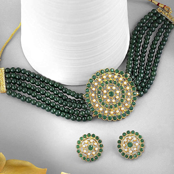 Etnico 18K Gold Plated Traditional Light Weight Pearl Beaded Choker Necklace Jewellery Set Glided With Moti Work