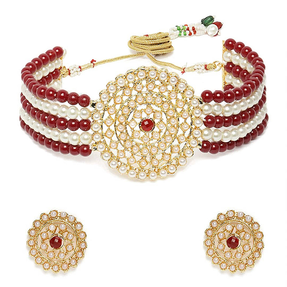 Etnico 18K Gold Plated Traditional Light Weight Pearl Beaded Choker Necklace Jewellery Set Glided With Moti Work (ML239MW1)