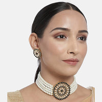 Etnico 18K Gold Plated Traditional Light Weight Pearl Beaded Choker Necklace Jewellery Set Glided With Moti Work (ML239WB)