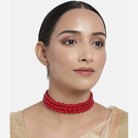 Etnico Gold Plated Handcrafted 3 Layer Light Weighted Ruby Pearl Choker Necklace Jewellery SetFor Women/ Girls (ML251R) (Pack of 1)