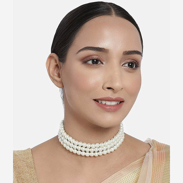 Etnico Gold Plated Handcrafted 3 Layer Light Weight Pearl Choker Necklace Jewellery SetFor Women/ Girls (ML251W) (Pack of 1)