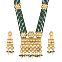 Etnico 18K Gold Plated Intricately Designed Traditional Uncut Polki Kundan Brass Necklace Jewellery Set With Earrings Emerald Crystal Onyx Long Mala for Women (ML252G)