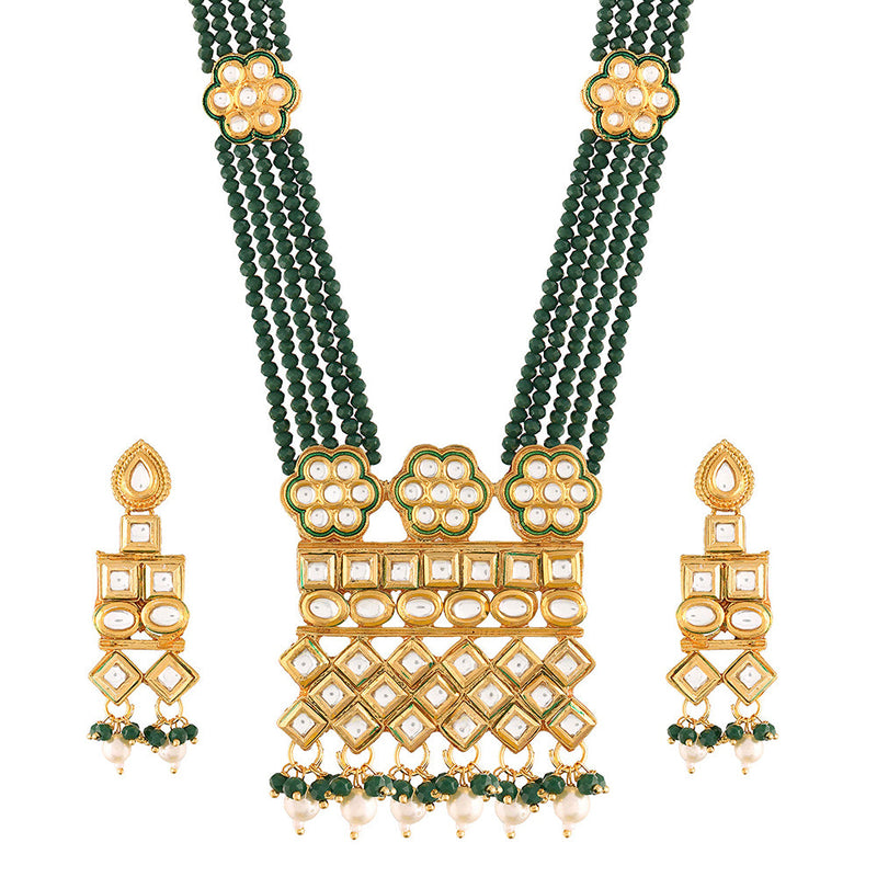 Etnico 18K Gold Plated Intricately Designed Traditional Uncut Polki Kundan Brass Necklace Jewellery Set With Earrings Emerald Crystal Onyx Long Mala for Women (ML252G)