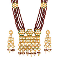 Etnico 18K Gold Plated Intricately Designed Traditional Uncut Polki Kundan Brass Necklace Jewellery Set With Earrings Emerald Crystal Onyx Long Mala for Women (ML252M)