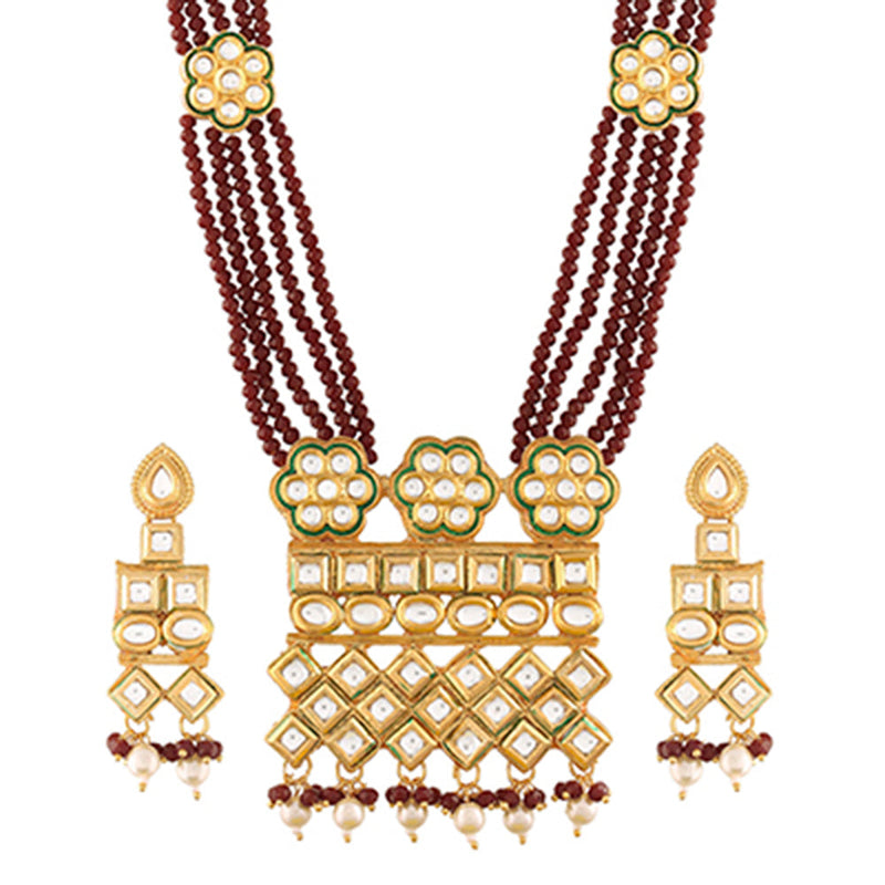 Etnico 18K Gold Plated Intricately Designed Traditional Uncut Polki Kundan Brass Necklace Jewellery Set With Earrings Emerald Crystal Onyx Long Mala for Women (ML252M)