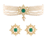 Etnico 18K Gold Plated Traditional CZ Crystal with Pearl Choker Necklace Jewellery Set for Women/Girls (ML261G)
