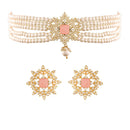 Etnico 18K Gold Plated Traditional CZ Crystal Stone with Pearl Choker Necklace Jewellery Set for Women/Girls (ML261Pi)