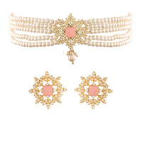 Etnico 18K Gold Plated Traditional CZ Crystal Stone with Pearl Choker Necklace Jewellery Set for Women/Girls (ML261Pi)