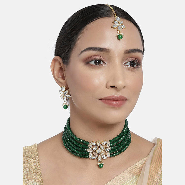 Etnico 18K Gold Plated Traditional Kundan with Beads Choker Necklace Jewellery Set & Maang Tikka for Women/Girls (ML262G)