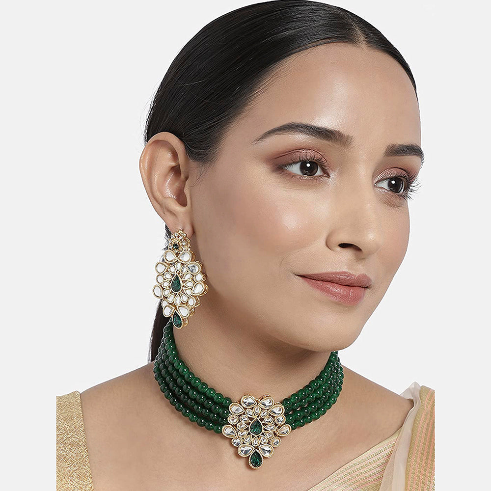 Etnico 18K Gold Plated Traditional Kundan with Beads Choker Necklace Jewellery Set for Women/Girls (ML263G)