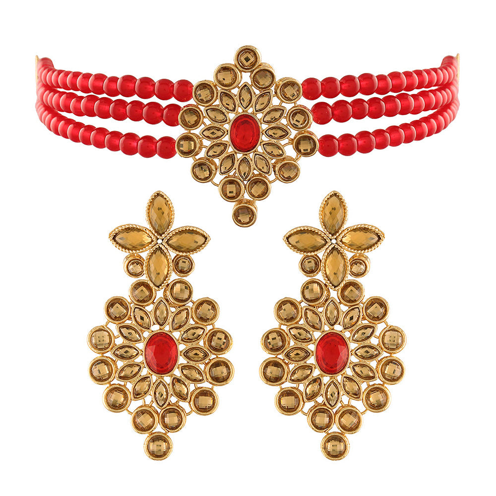 Etnico 18K Gold Plated Traditional Kundan with Beads Choker Necklace Jewellery Set for Women/Girls (ML264MFL)