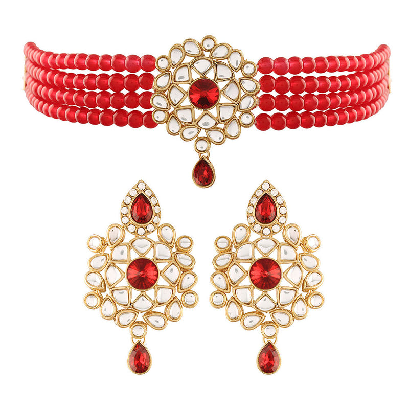 Etnico 18K Gold Plated Traditional Kundan with Beads Choker Necklace Jewellery Set for Women/Girls (ML265M)