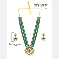 Etnico 5 Layered Emerald Onyx Crystal Beads Alloy Necklace Jewellery Set Glided With Uncut Polki Kundan for Women & Girls (ML269G)(Green)