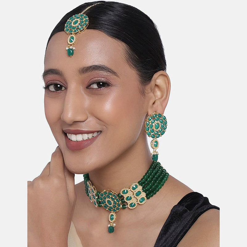 Etnico 18k Gold Plated Traditional Pearl Choker Necklace Jewellery Set with Earrings & Maang Tikka Set for Women (ML280G)