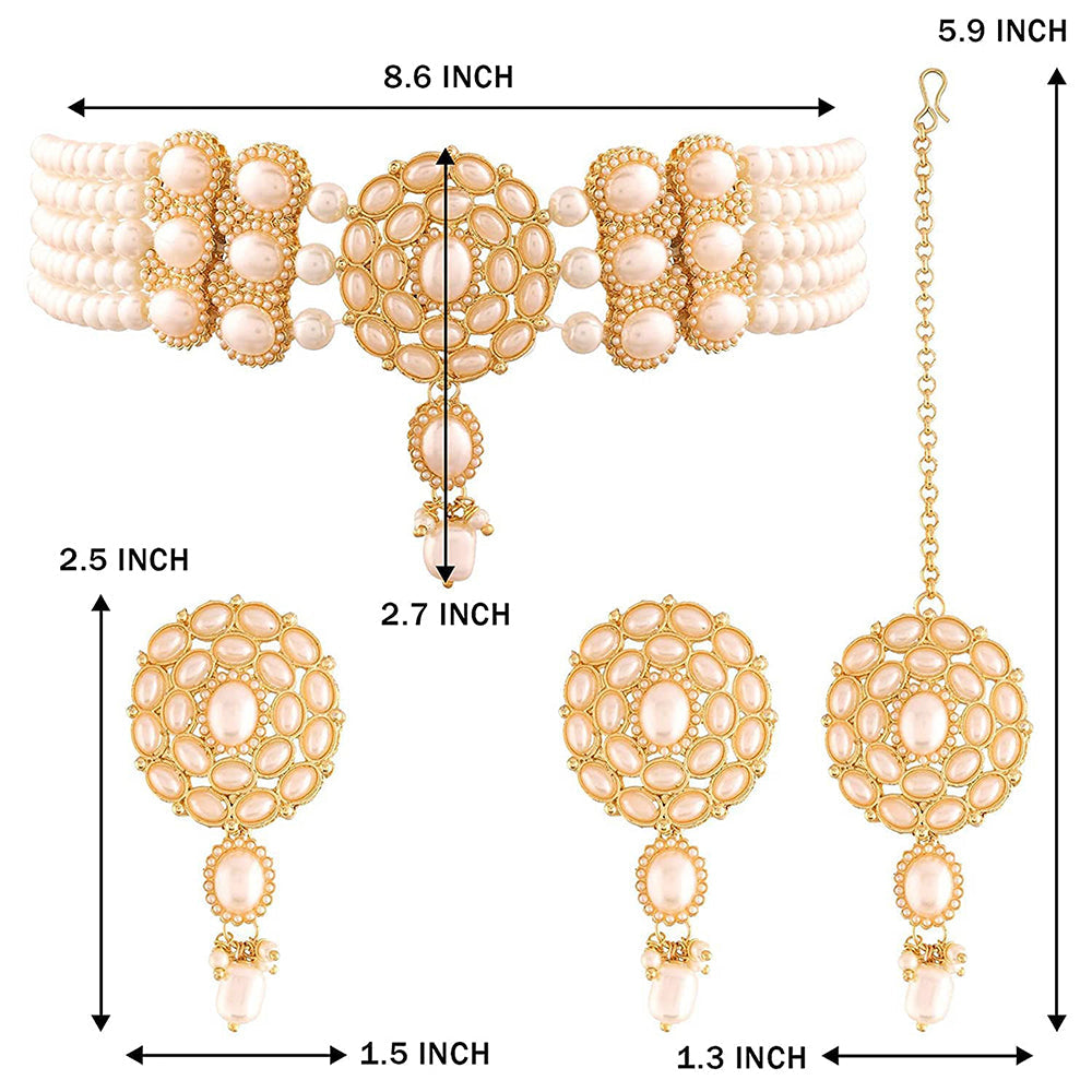 Etnico 18k Gold Plated Traditional Pearl Choker Necklace Jewellery Set with Earrings & Maang Tikka Set for Women (ML280W)