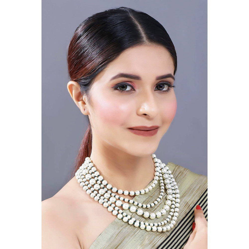 Etnico 18k Gold Plated 5 Layered Pearl Beads Rani Necklace Jewellery Set for Women (ML290G)