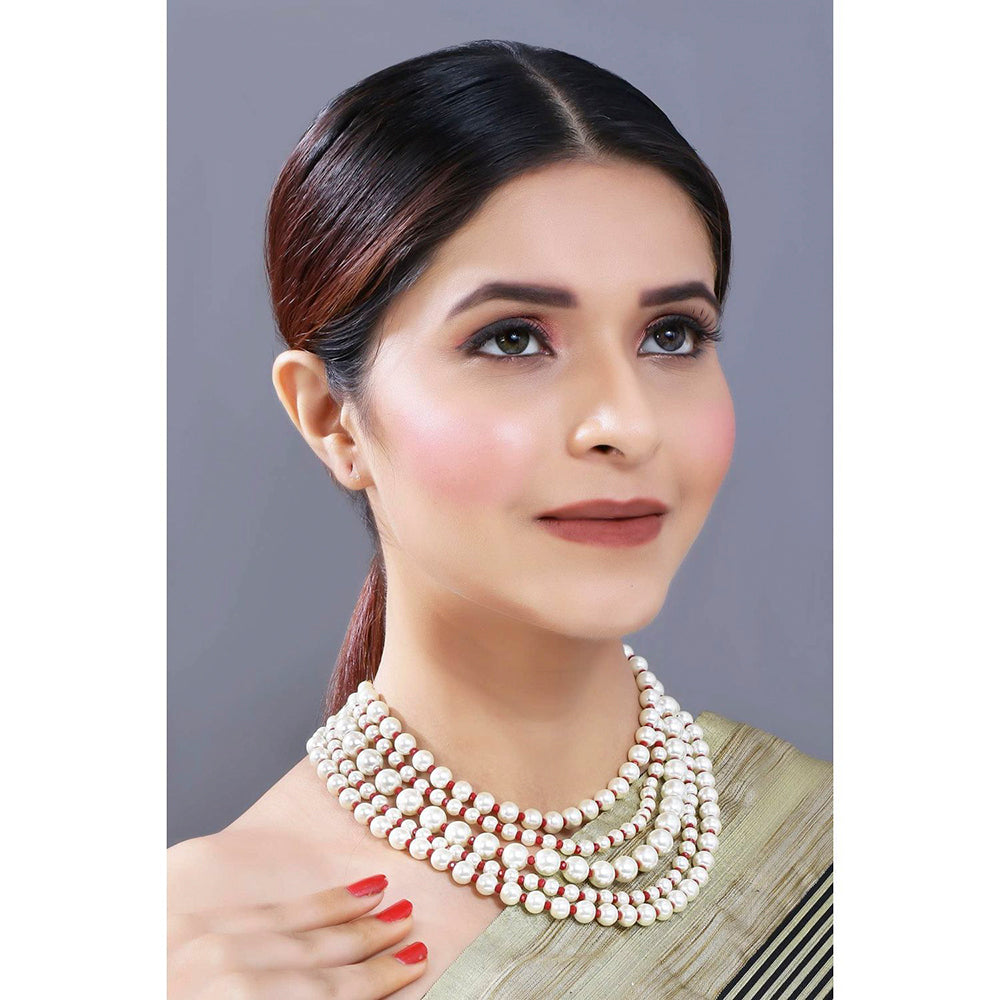 Etnico 18k Gold Plated 5 Layered Pearl Beads Rani Necklace Jewellery Set for Women (ML290M)