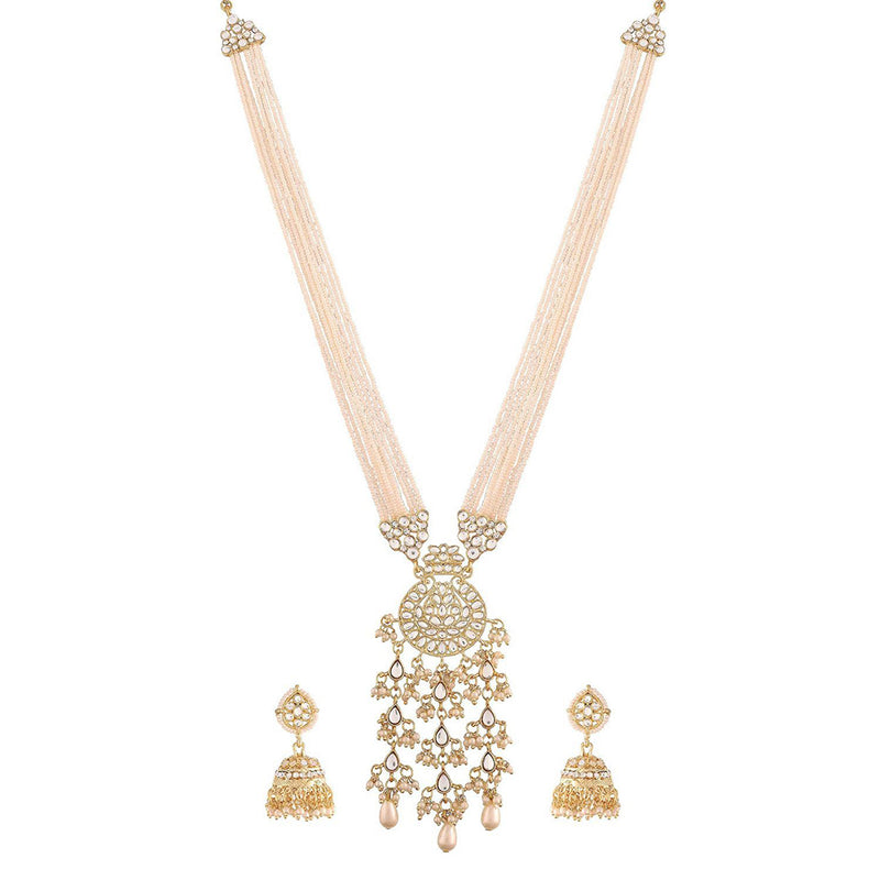 Etnico18k Gold Plated Ethnic Kundan Pearl Studded Long Necklace Set For Women (ML296W)