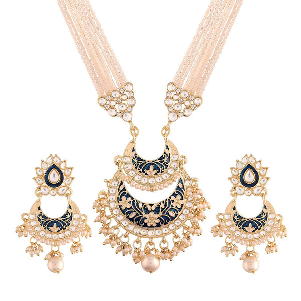 Etnico18k Gold Plated Ethnic Kundan Pearl Studded Meenakari Long Necklace Set For Women (ML297BL)