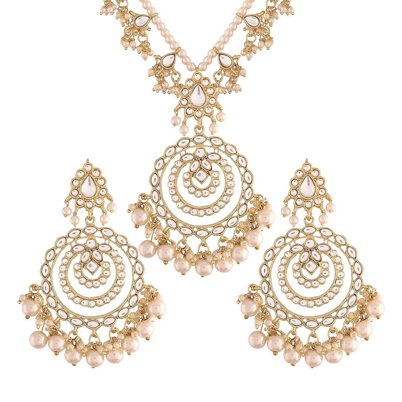 Etnico18k Gold Plated Ethnic Multi Layer Kundan Pearl Studded Long Necklace Set For Women (ML298)