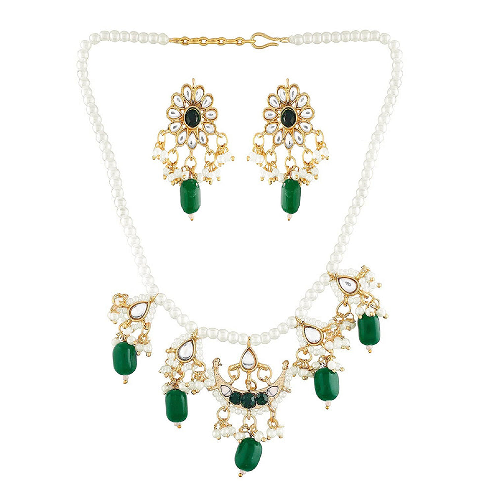 Etnico18k Gold Plated Green Beaded Pearl Moti Mala Necklace Jewellery Set for Women (ML301G)