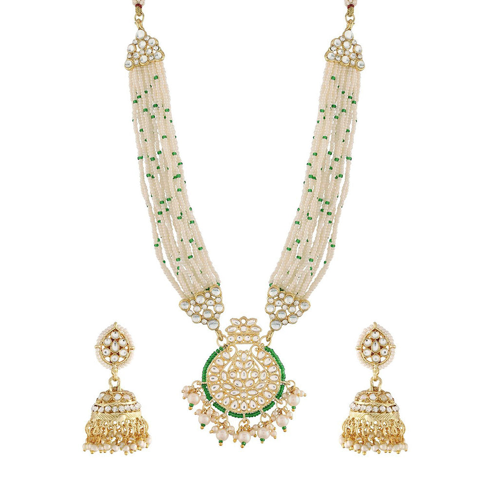 Etnico18k Gold Plated Traditional Multistrand Pearl Kundan Studded Necklace Jewellery Set For Women (ML307G)