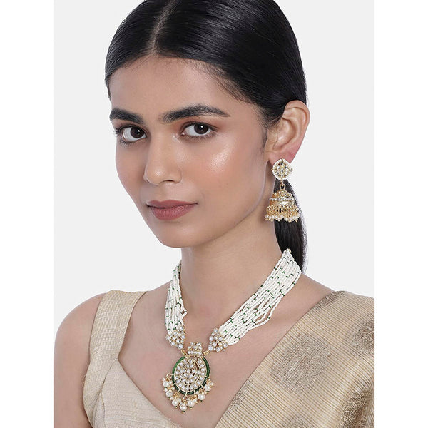 Etnico18k Gold Plated Traditional Multistrand Pearl Kundan Studded Necklace Jewellery Set For Women (ML307G)