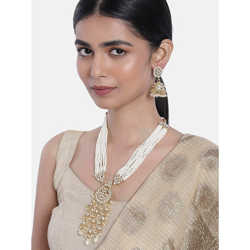 Etnico18k Gold Plated Traditional Multistrand Pearl Kundan Studded Necklace Jewellery Set For Women (ML308W)