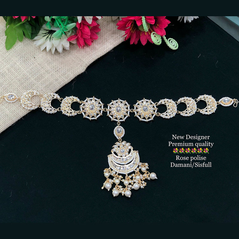 Manisha Jewellery Gold Plated Kundan Stone & Pearl Maangtikka with Sheeshphool Hair Accessories For Women