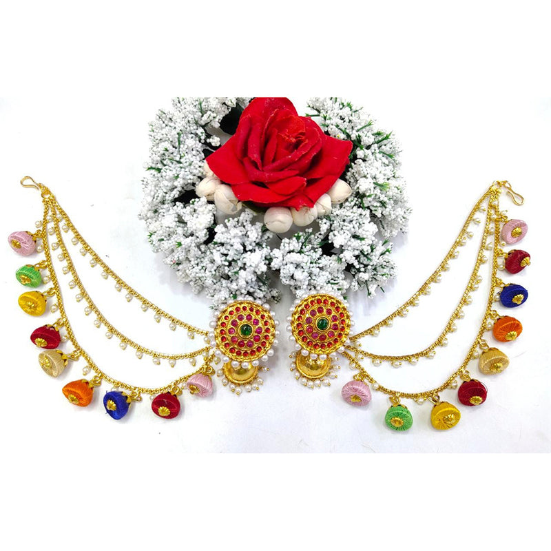 Manisha Jewellery Gold Plated Pota Stone  & Multi Thread Jhumki Kan Chain Earrings