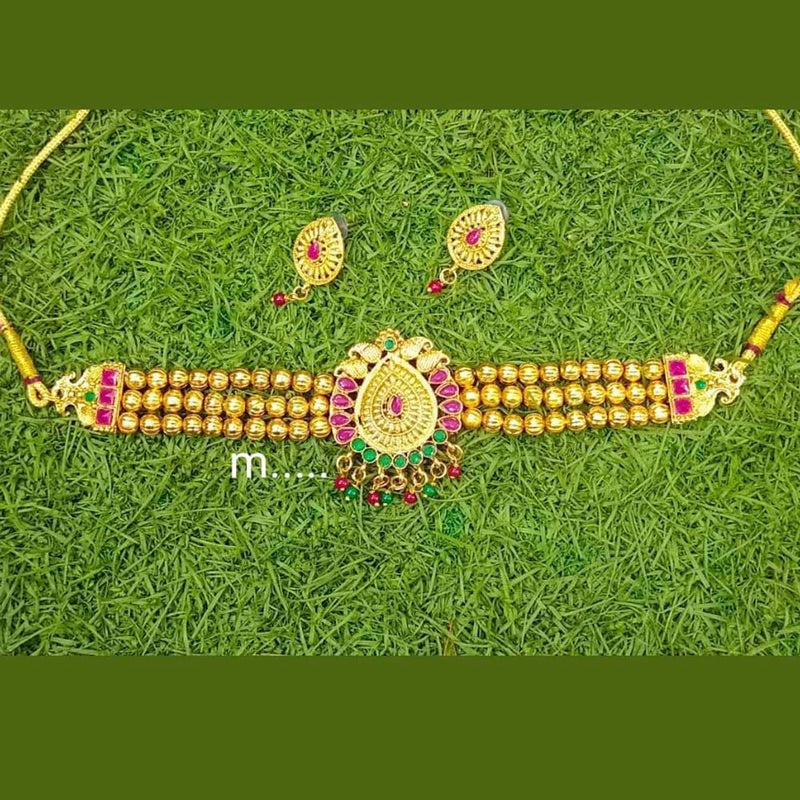 Manisha Jewellery Gold Plated Pink & Green Pota Stone Choker Necklace Set