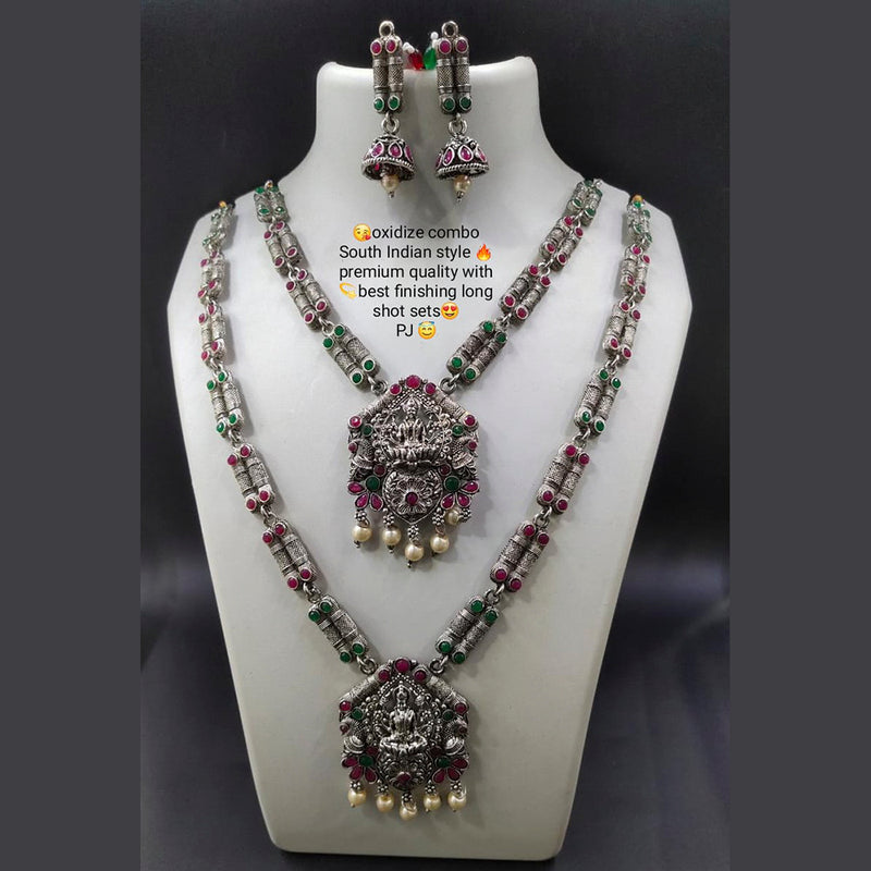Manisha Jewellery Oxidised Plated Pink & Green Pota Stone Double Necklace Set