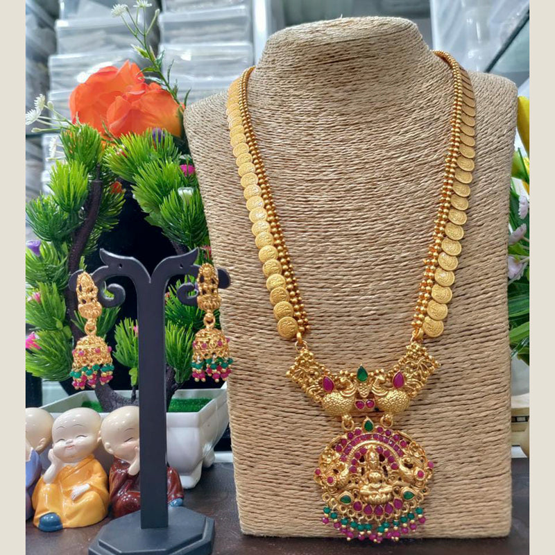Manisha Jewellery Gold Plated Pink & Green Pota Stone & Pearl Haram Temple Necklace Set