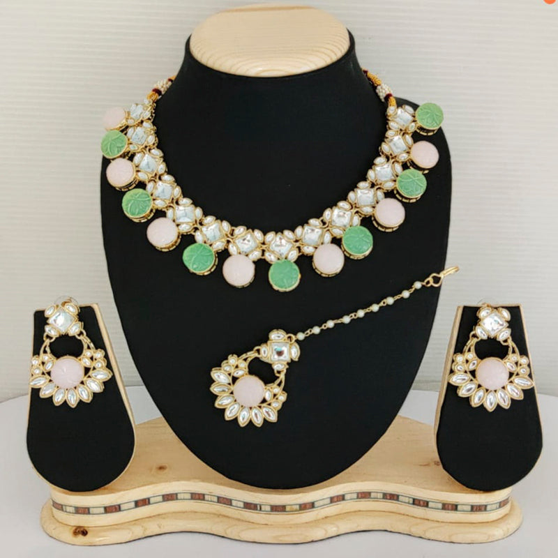 Manisha Jewellery Gold Plated Pota Stone Floral Necklace Set With Maangtikka