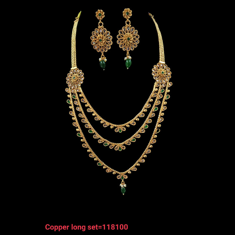 NAFJ Copper Kundan Stone & Beads Long Haram Necklace Set