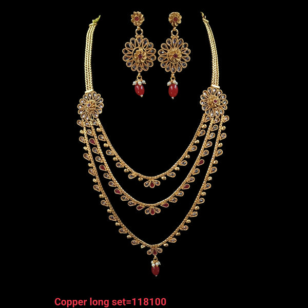 NAFJ Copper Kundan Stone & Beads Long Haram Necklace Set