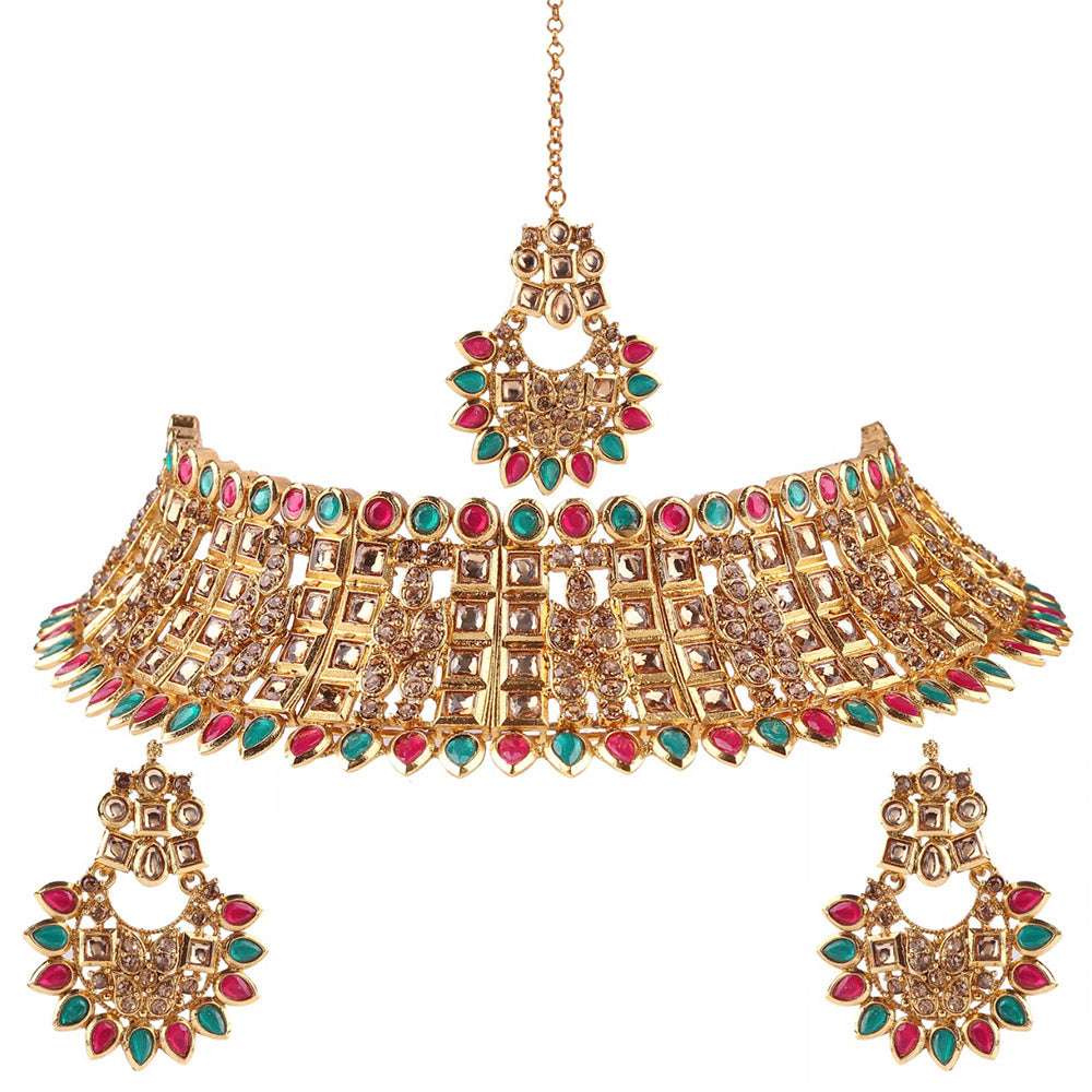 Neetu Art Gold Plated Austrian Stone Green & Red Choker Necklace Set With Maangtikka