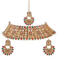 Neetu Art Gold Plated Austrian Stone Green & Red Choker Necklace Set With Maangtikka