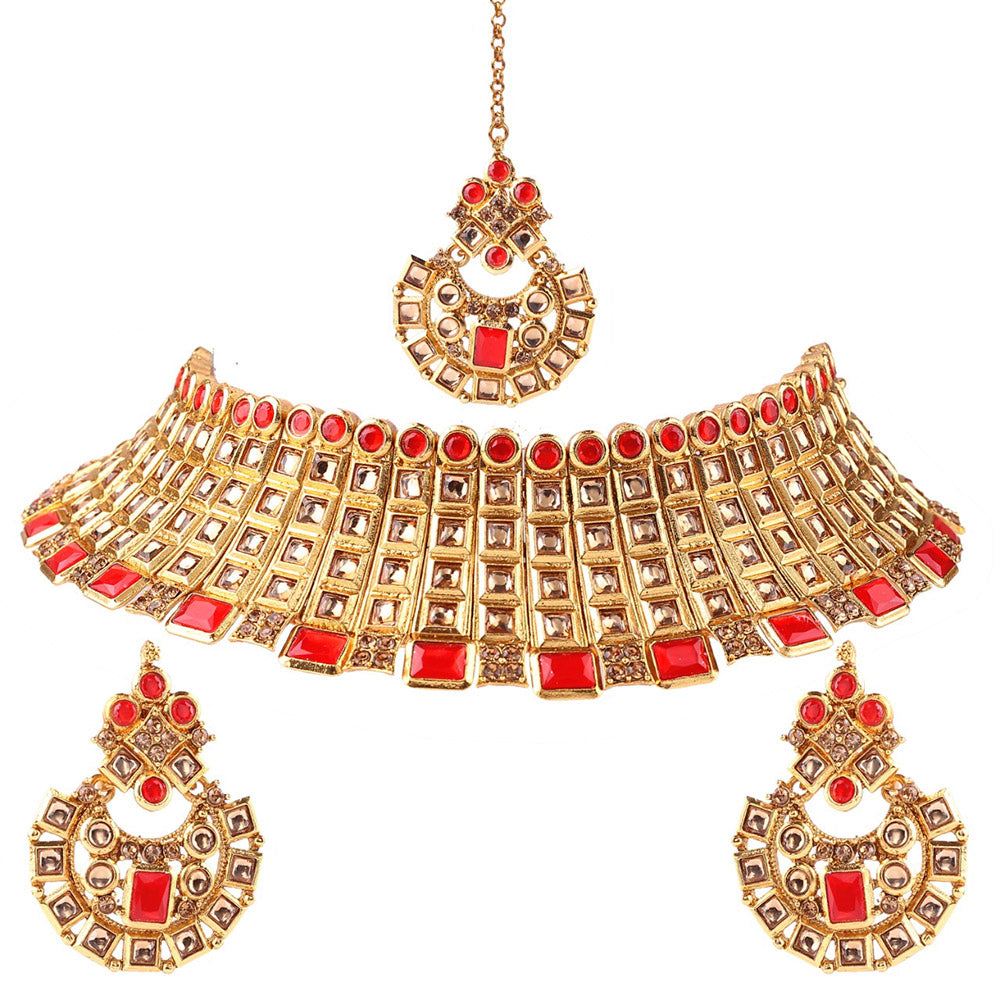 Neetu Art Gold Plated Austrian Stone Red Choker Necklace Set With Maangtikka
