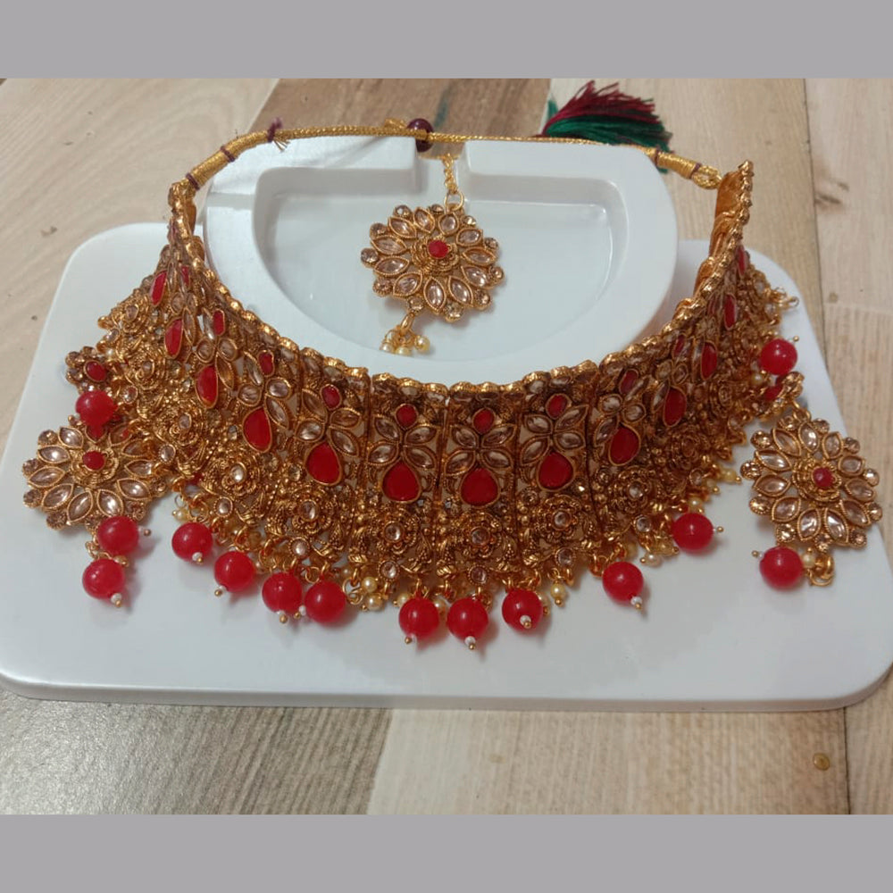 Neetu Art Gold Plated Kundan Stone & Beads Choker Necklace Set With Maangtikka