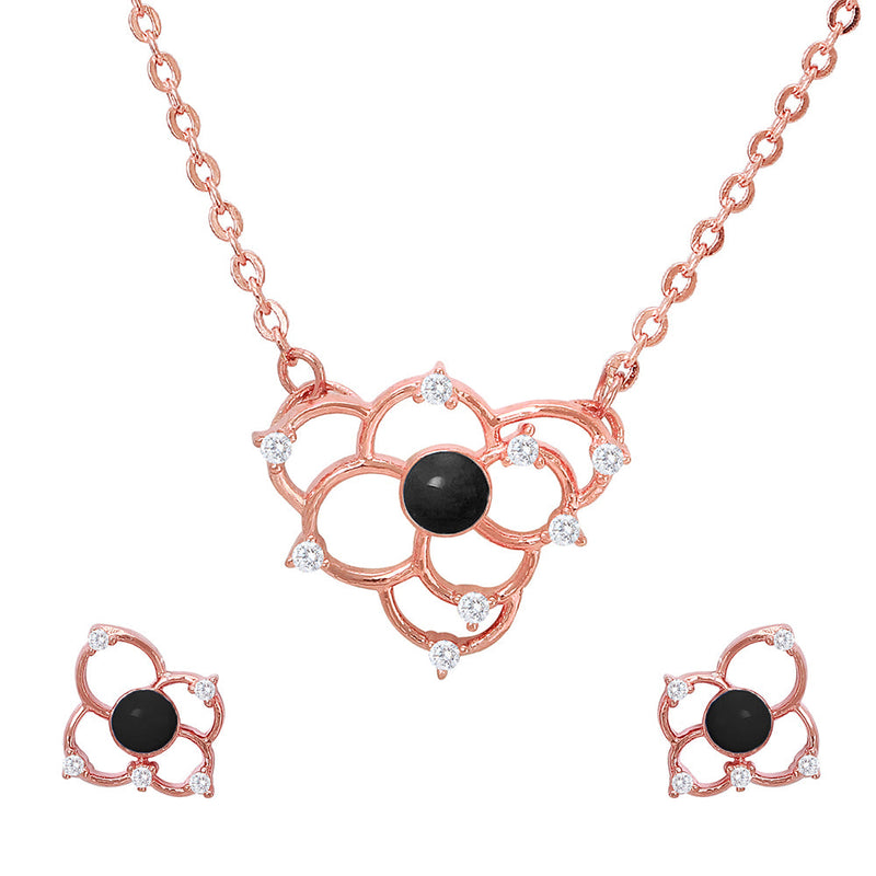 Mahi Rose Gold Black Cubic Zirconia Flower Pendant Set for Women (NL1103668ZBla)