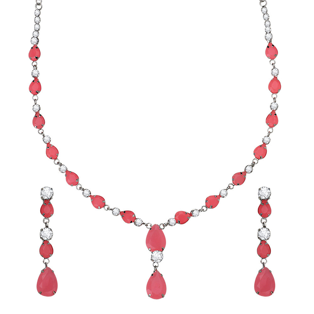 Mahi Rhodium Plated Cute & Delicate Pink Crystals Necklace Set for Women (NL1103805RPin)