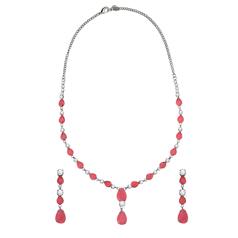 Mahi Rhodium Plated Cute & Delicate Pink Crystals Necklace Set for Women (NL1103805RPin)