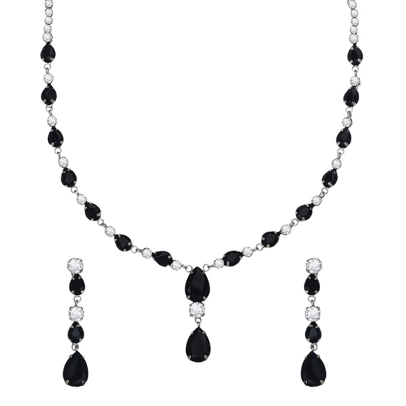 Mahi Rhodium Plated Cute & Delicate Black Crystals Necklace Set for Women (NL1103806RBla)