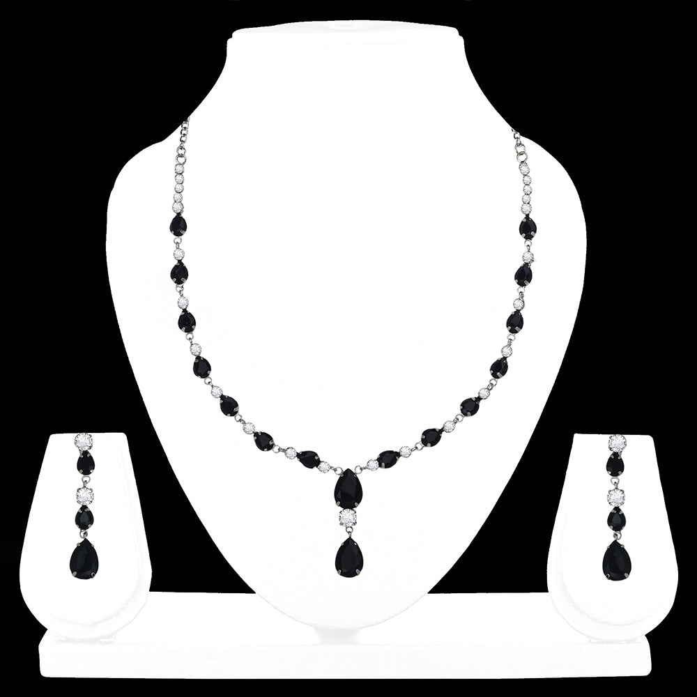 Mahi Rhodium Plated Cute & Delicate Black Crystals Necklace Set for Women (NL1103806RBla)