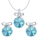 Mahi Valentine Gift with Aqua Blue Swarovski Crystals Rhodium Plated Bow Pendant Set for Women